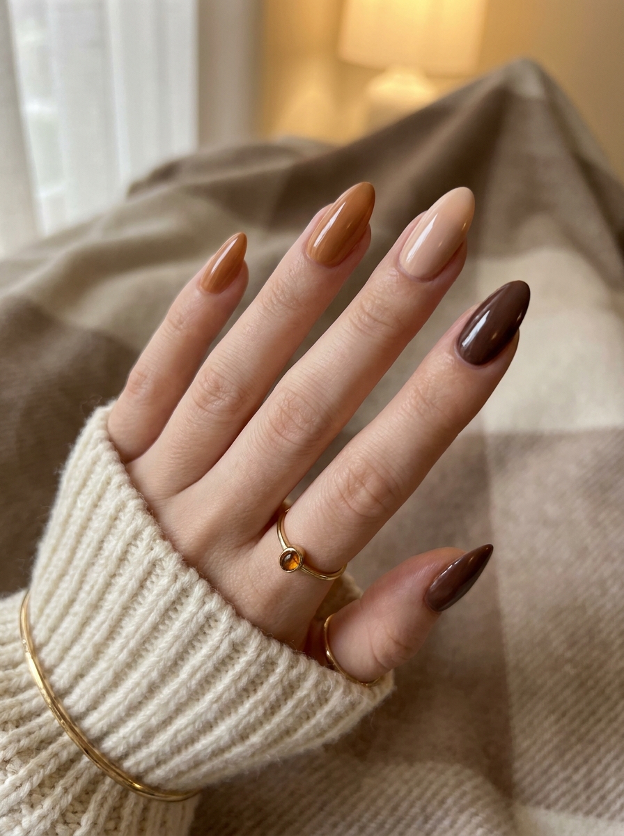 Almond Fall Nails mit Mandelform und warmen Herbsttönen